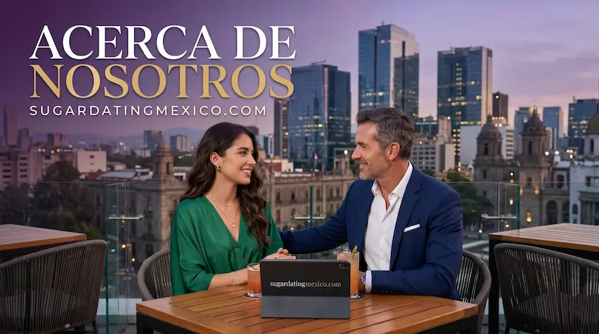 Una mujer elegante y un hombre joven sonriendo y conversando en una lujosa terraza con vista al Ángel de la Independencia en Ciudad de México.